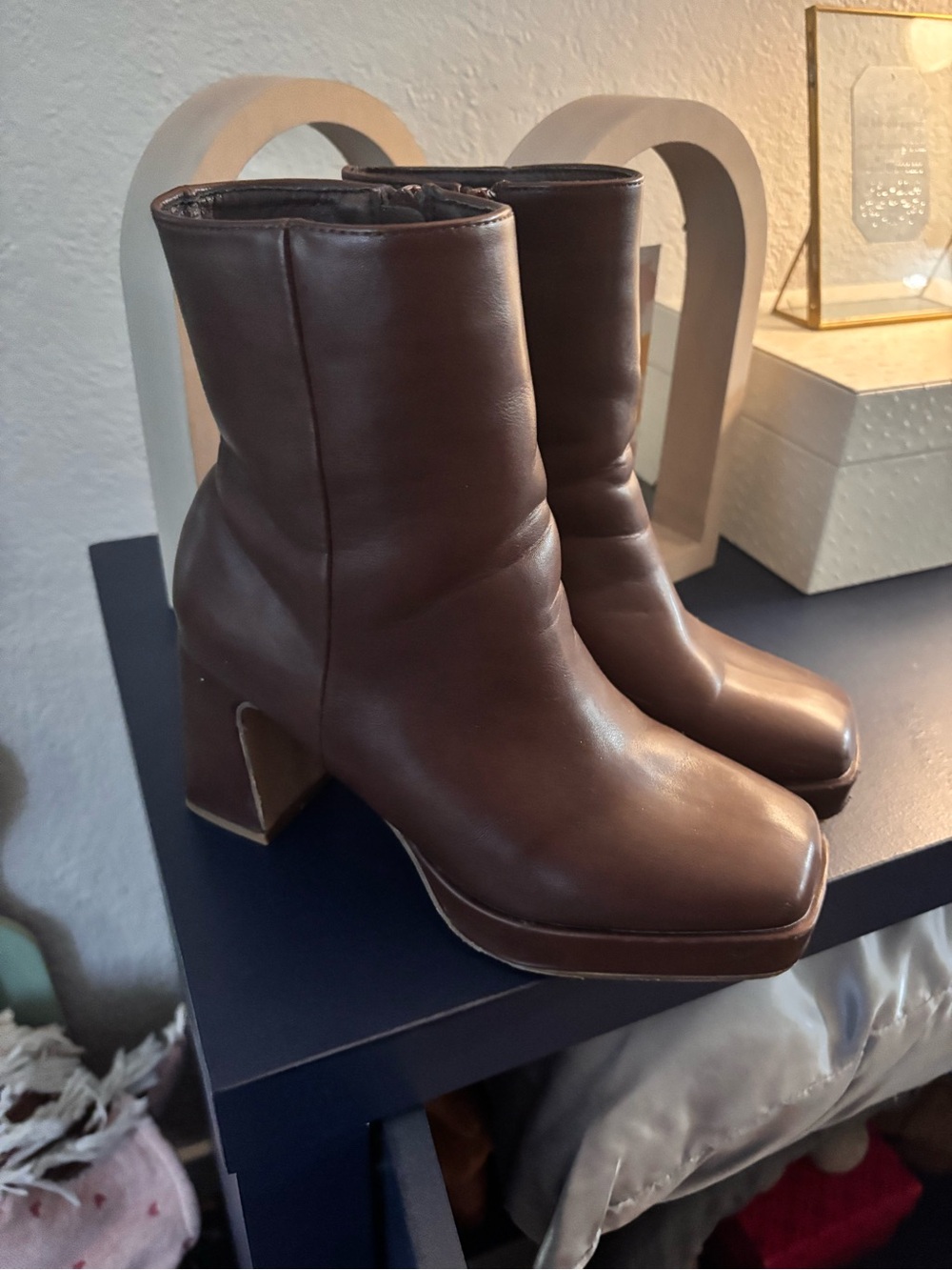 Pink Lily Brown Leather Platform Square-Toe Ankle Boots
